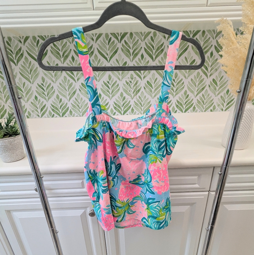 Lilly Pulitzer Pink & Teal Floral Ruffle Tank Top - Picture 2 of 10